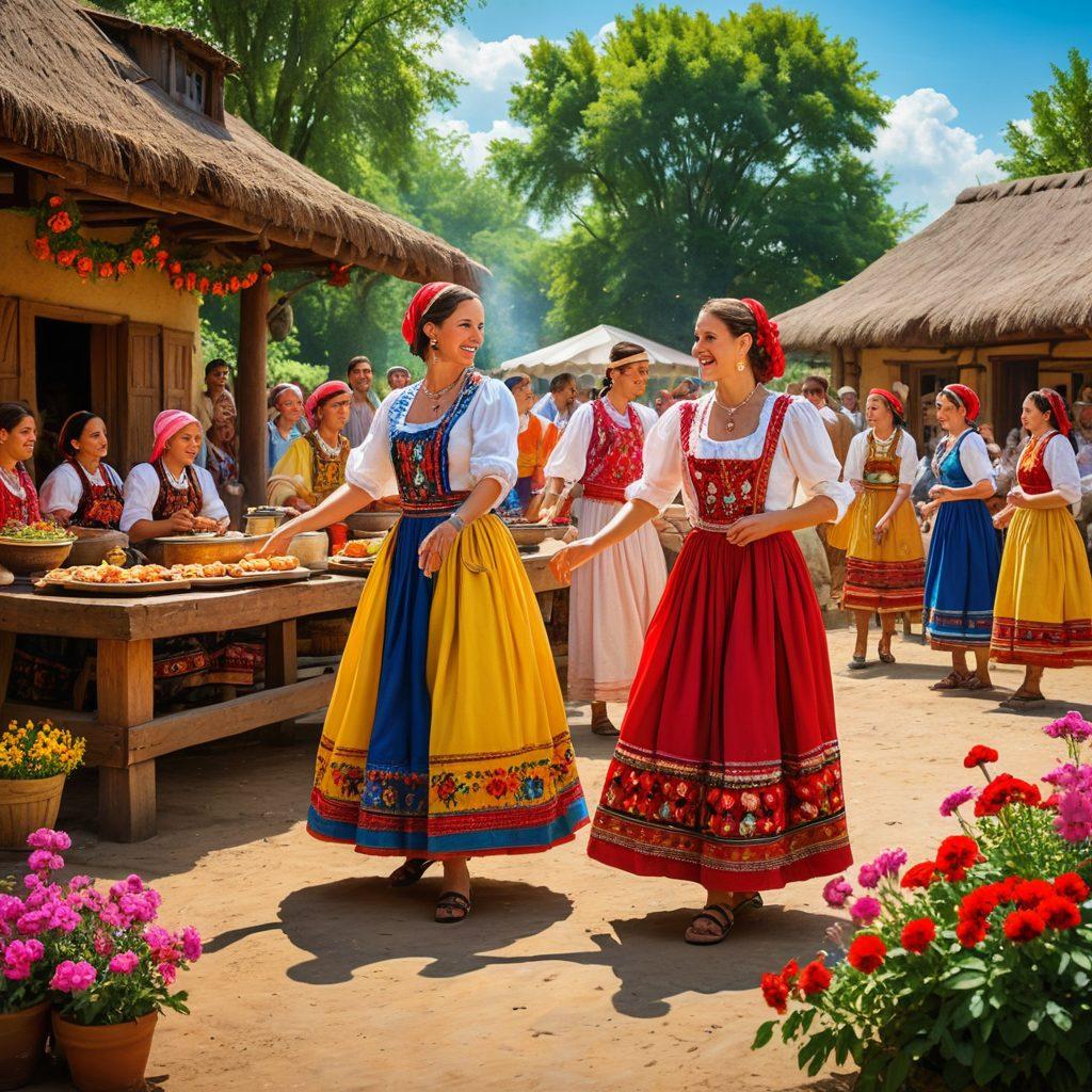 An artistic representation of a vibrant Kroshki village scene showcasing colorful traditional attire, lively community gatherings, and rich cultural artifacts. Incorporate elements like folk dance, local cuisine being prepared, and nature's beauty in the background. The atmosphere should feel festive and inviting, reflecting the essence of Kroshki lifestyle. super-realistic. vibrant colors. dynamic composition.