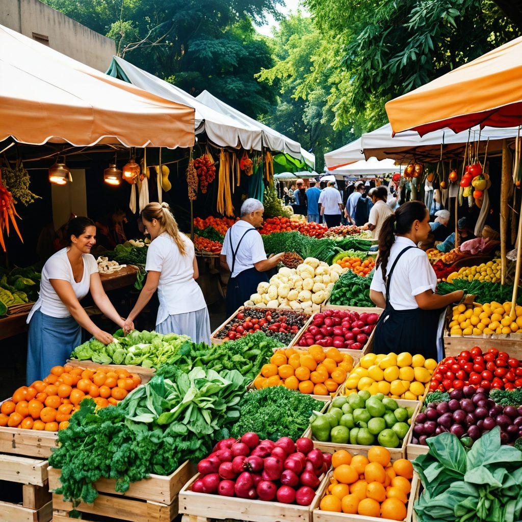 An inviting scene depicting diverse individuals exploring a vibrant market filled with kroshki, showcasing colorful stalls with fresh produce, handmade crafts, and culinary delights. Include curious minds engaging in conversations, enjoying the atmosphere, and sharing tips with each other. The background should feature lush greenery and soft sunlight filtering through the trees. super-realistic. vibrant colors.